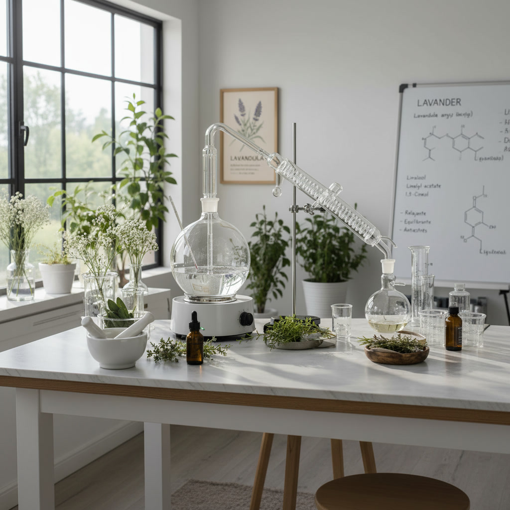Laboratorio artesanal Kupay destilando plantas aromáticas
